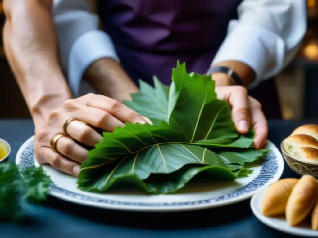 Detalle culinario: manos enrollando hoja de uva con arroz y chef europeo preparando pastelería