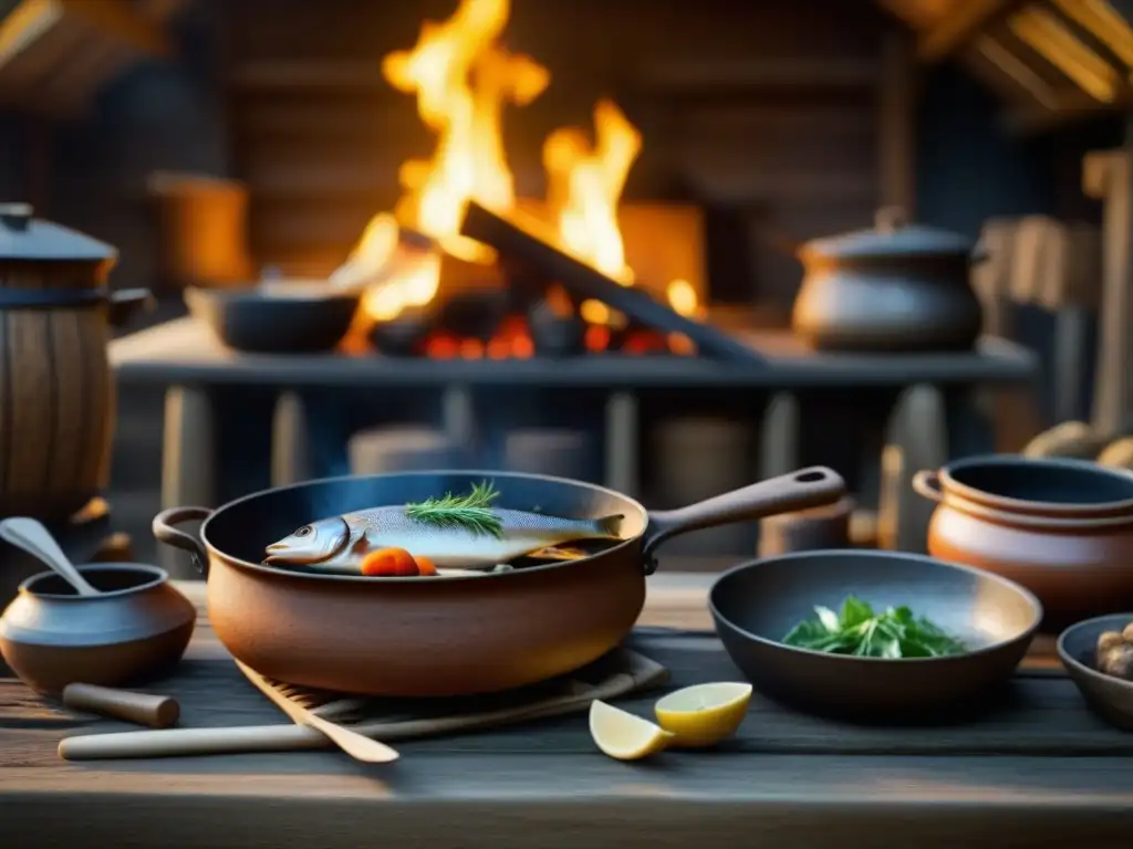 Detalle culinario vikingo: cocina tradicional con pescado siendo preparado sobre fuego