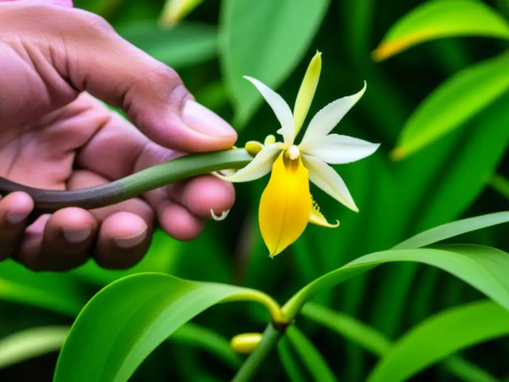 Detalle de la cultura y origen de la vainilla: mano experta polinizando una orquídea en plantación tradicional en México