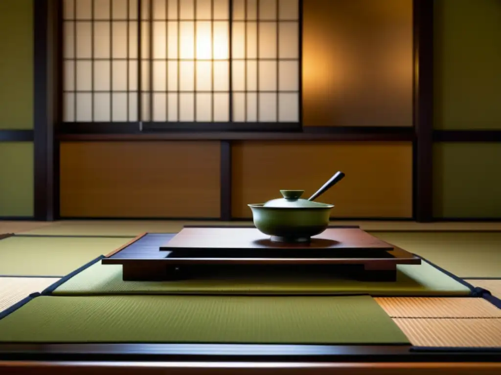 Detalle de la cultura del té en Kamakura: una sala de té japonesa serena y meticulosamente arreglada, con tatamis, utensilios y matcha