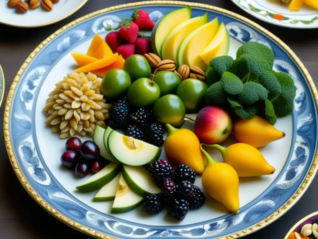 Detalle de una decorada plato renacentista con frutas, nueces y granos, reflejando la gastronomía renacimiento en su contexto cultural histórico