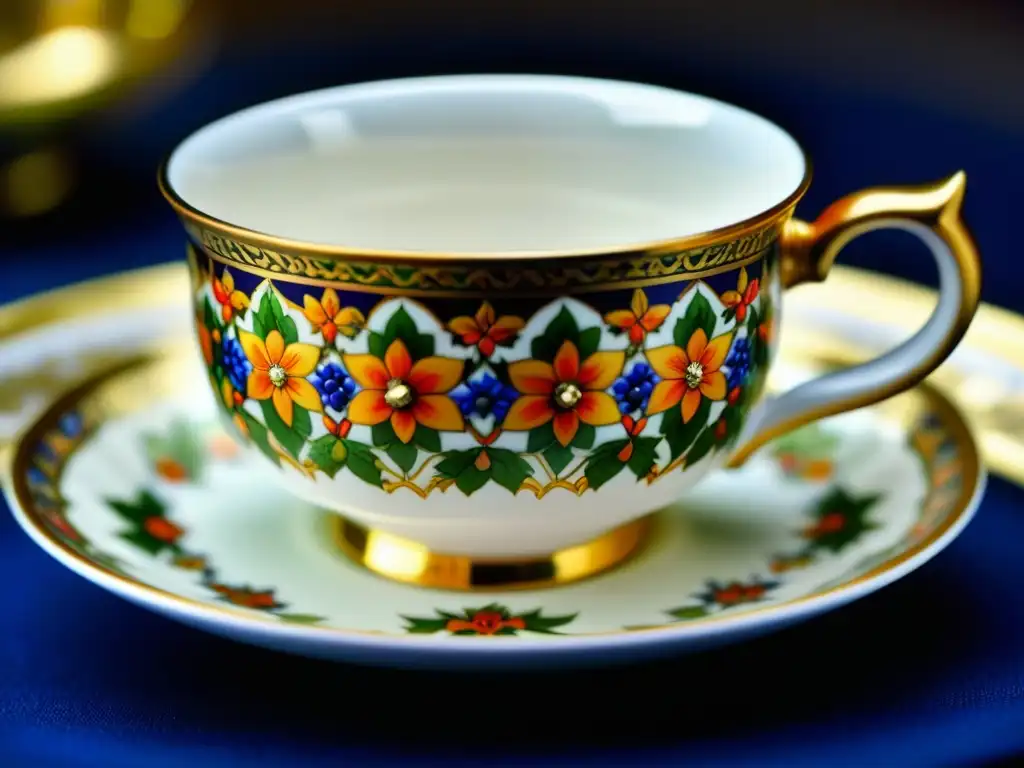 Detalle de una delicada taza Mughal decorada con patrones florales y detalles en oro