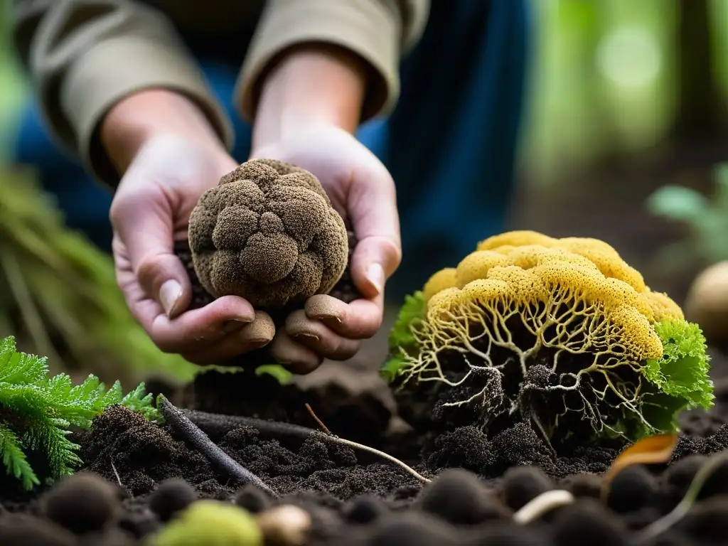 Detalle de la delicada recolección de una trufa en el bosque, resaltando la conexión con la tierra y la sostenibilidad de esta delicadeza