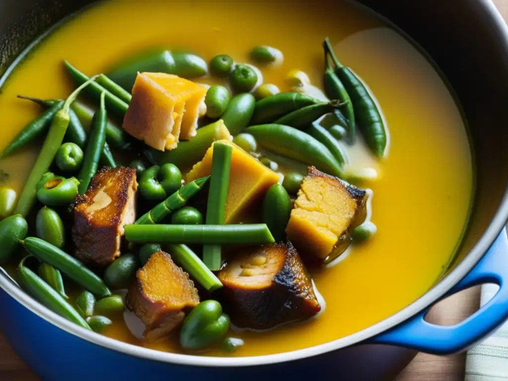 Detalle de un delicioso asopao caribeño africano, con vibrantes colores y texturas, resaltando la historia culinaria