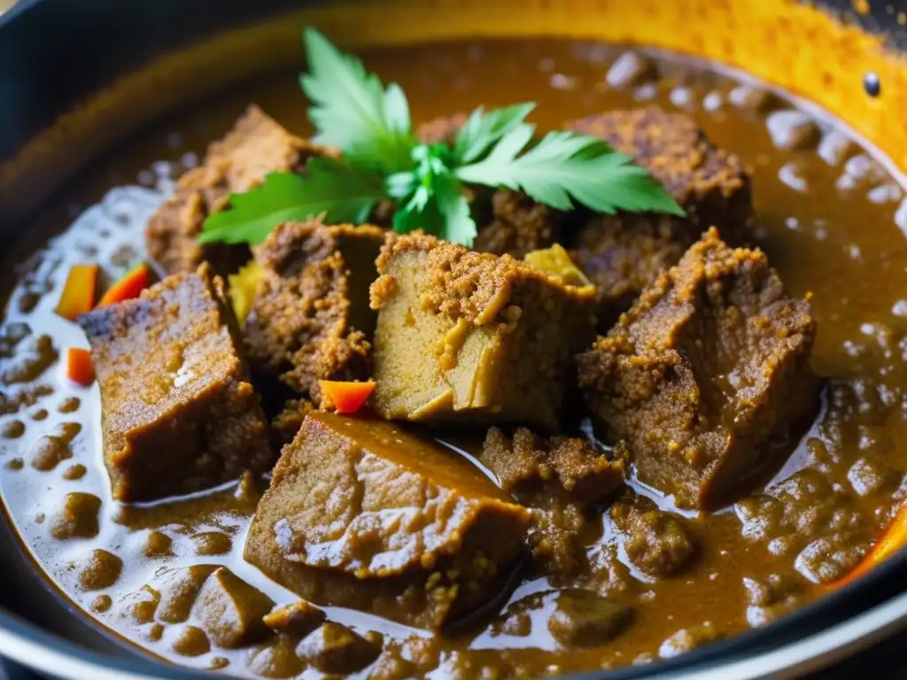 Detalle de un delicioso rendang Minangkabau cocinándose lentamente, evocando la historia del plato