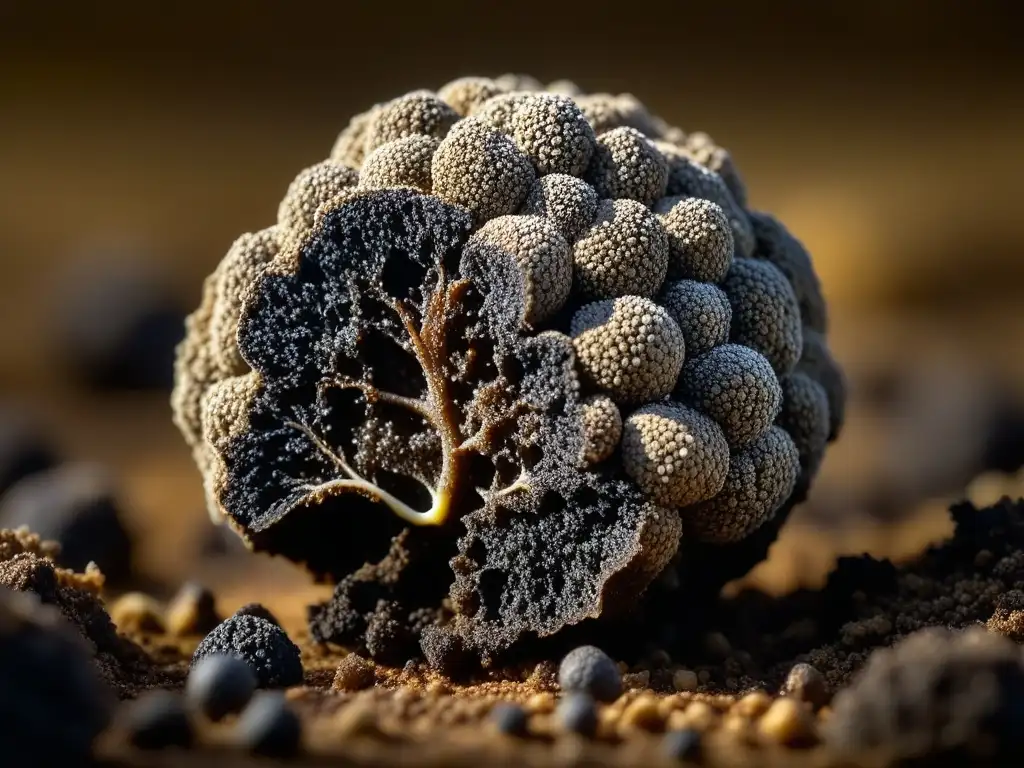 Detalle de una trufa recién desenterrada, con su textura rugosa y detalles iluminados por luz natural