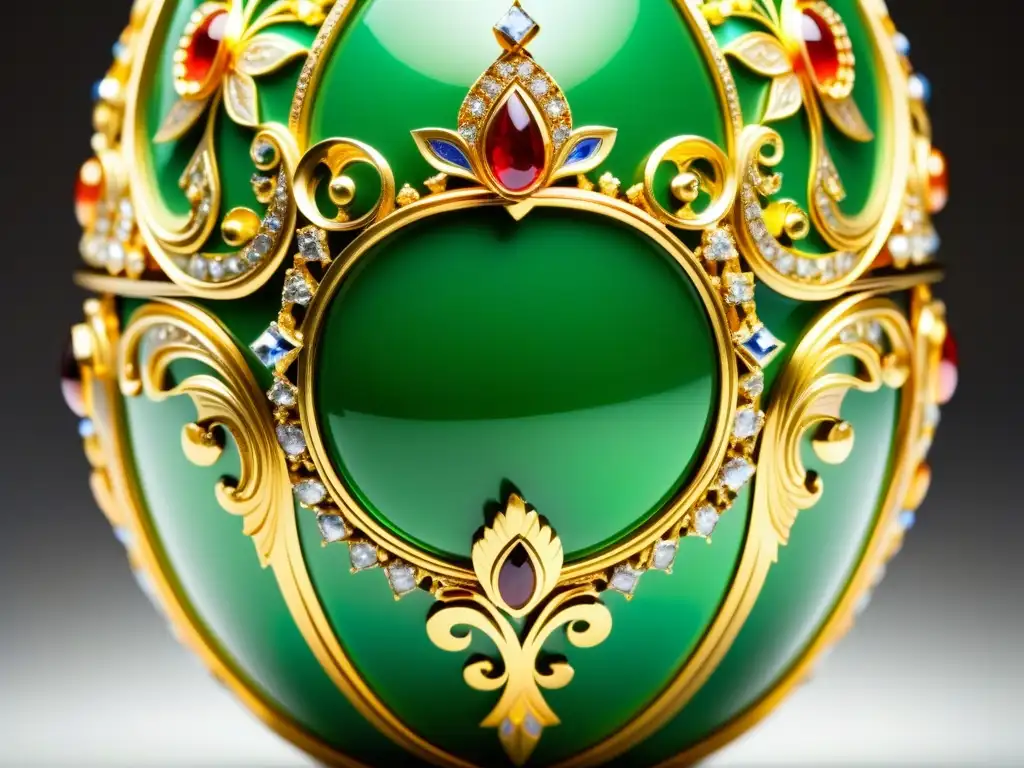 Detalle deslumbrante de huevo Fabergé dorado, con diseños de esmalte y gemas, típico de la decoración opulenta de la corte rusa