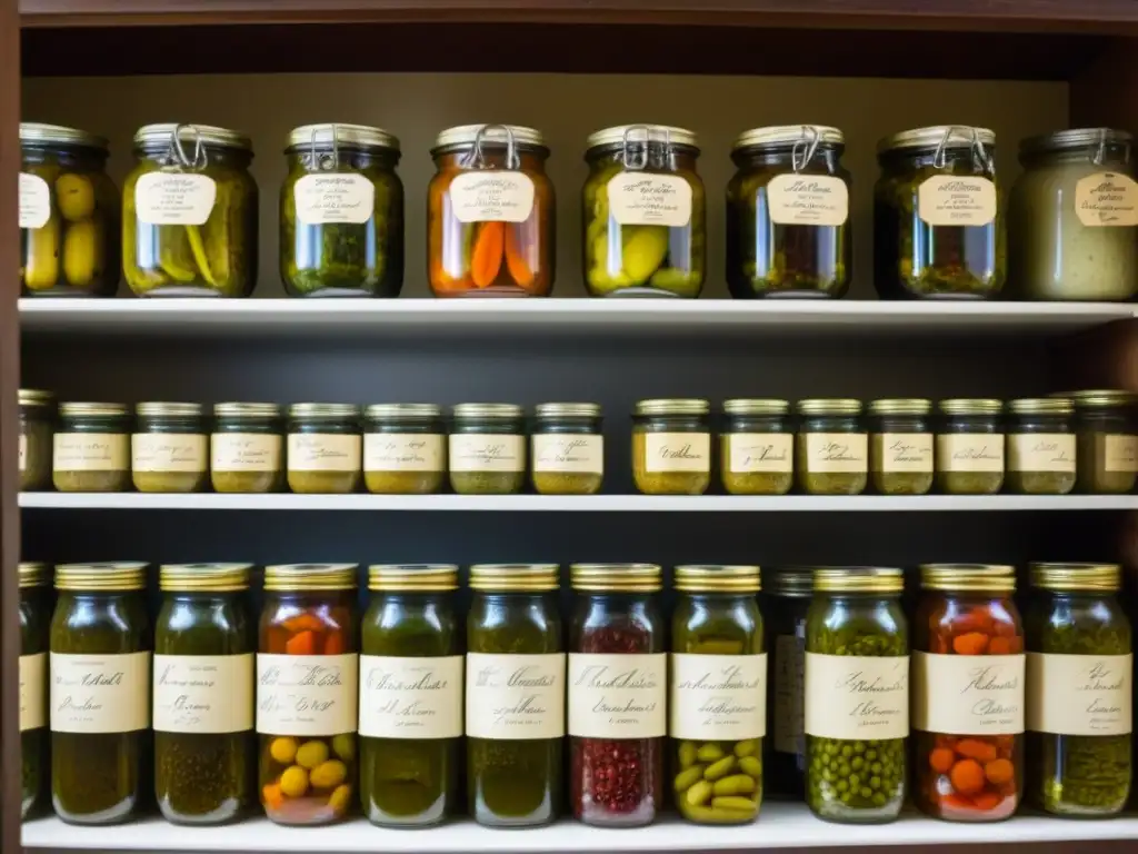 Detalle de despensa colonial llena de tarros de vegetales en vinagre, hierbas secas y embutidos, etiquetados a mano