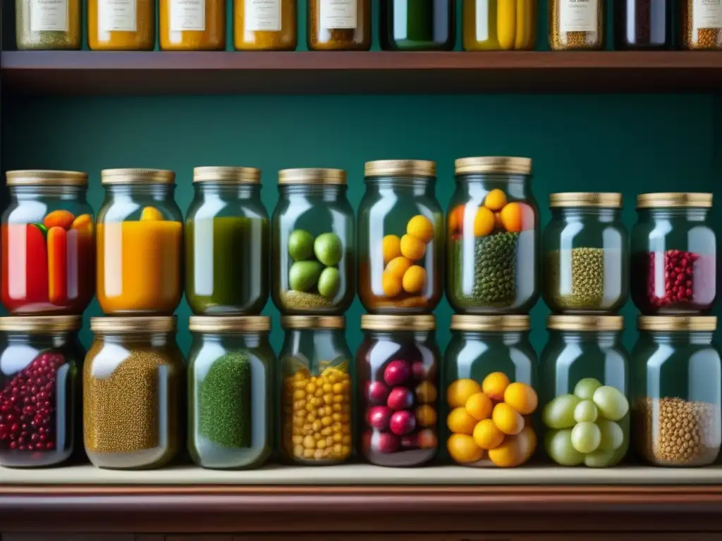 Detalle de despensa colonial preservada con frutas, verduras y especias en frascos