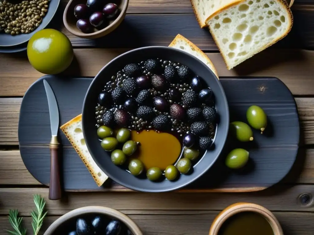 Detalle de la dieta guerreros espartanos fitness contemporáneo con black broth, pan de cebada, higos y aceitunas en mesa rústica de madera