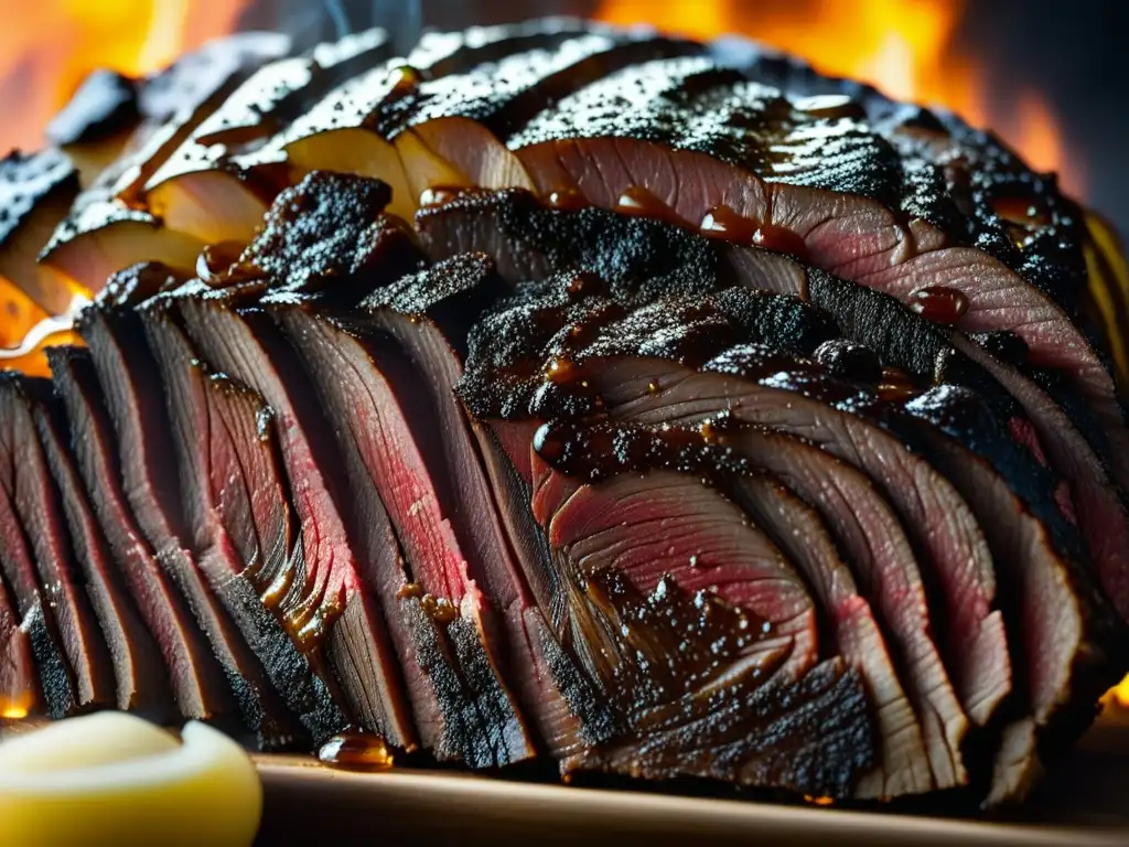 Detalle dorado de carne ahumada, jugosidad y aroma envuelven en recetas históricas carnes ahumadas siglo XIX