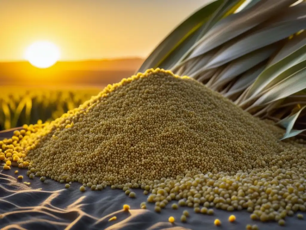 Detalle dorado de mijo cosechado al atardecer en el Sahel, reflejando la esencia de las prácticas agrícolas cocina Saheliana