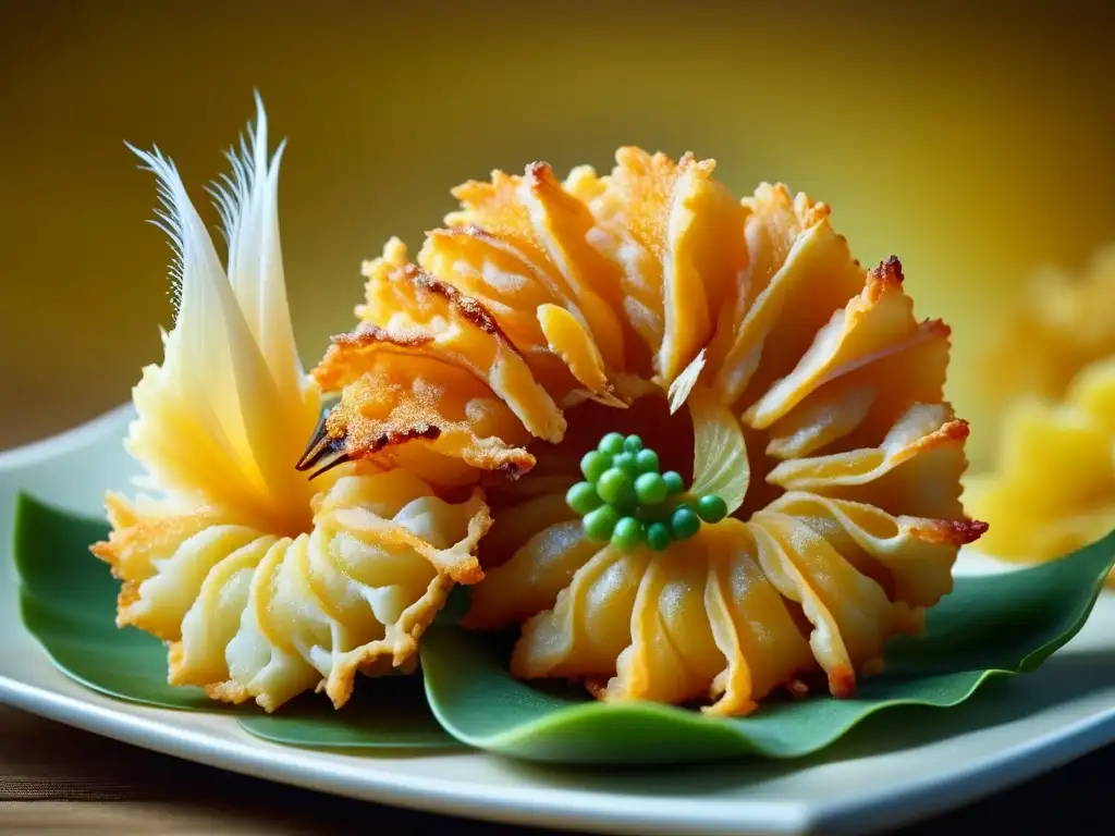 Delicado tempura de langostino: arte culinario japonés Detalle dorado y crujiente de una tempura de langostino, reflejando el arte culinario japonés