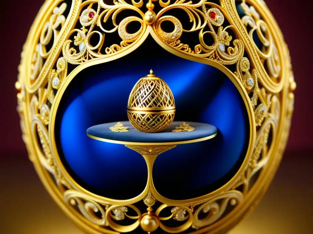 Detalle dorado y delicado de un huevo Fabergé, reflejo de la opulenta cocina histórica de los Zares