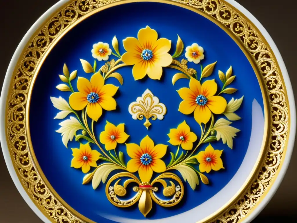 Detalle dorado y flores vibrantes en plato de porcelana corte zares Rusia Imperial