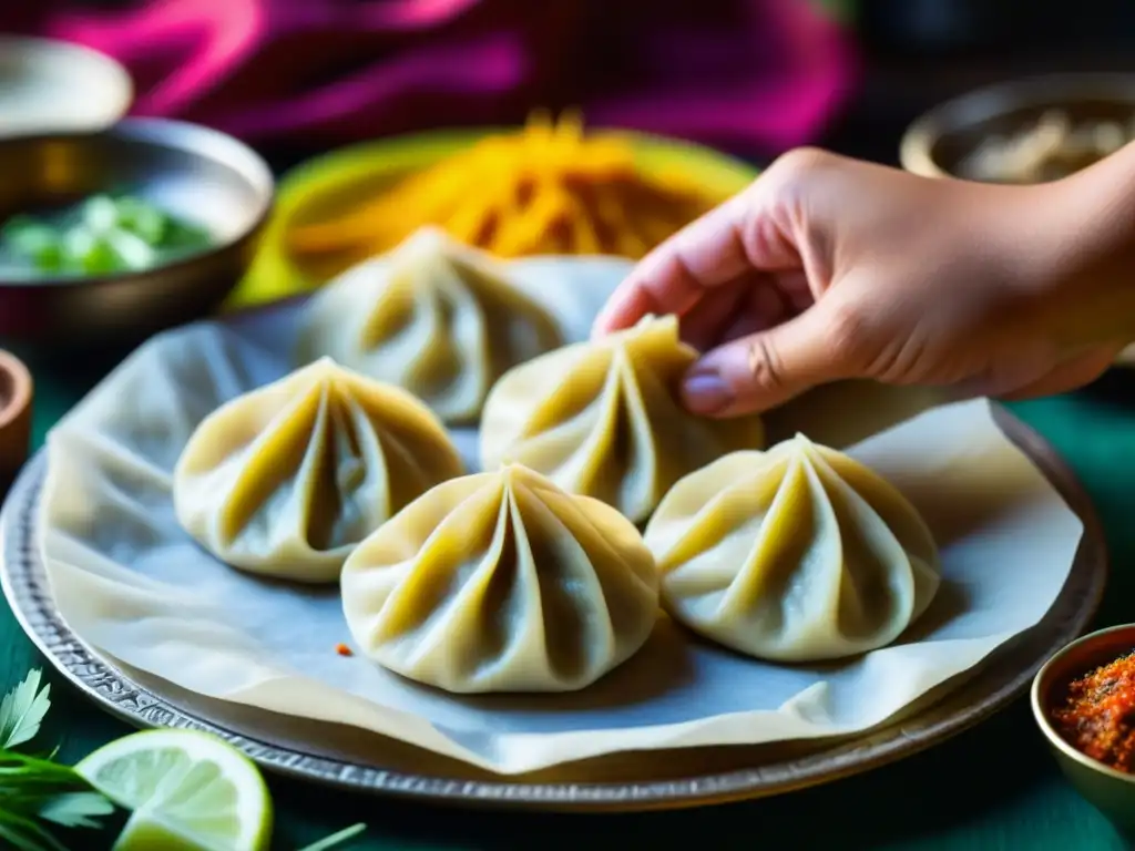 Detalle de un dumpling mongol en un mercado de especias indio, fusionando tradiciones culinarias