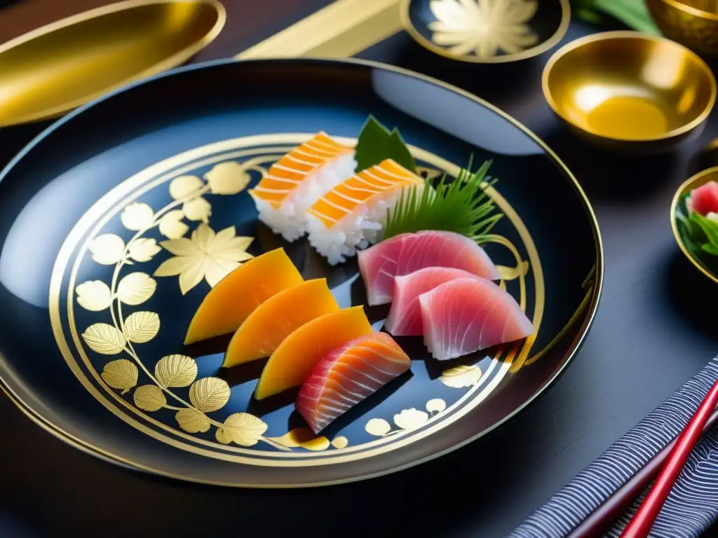 Detalle de un elegante plato de laca japonés con motivos de pan de oro, en la cocina japonesa corte imperial