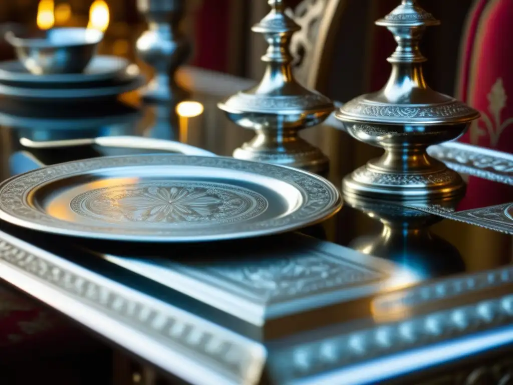 Detalle de un elegante set de mesa colonial español en plata, reflejando luz ambiental