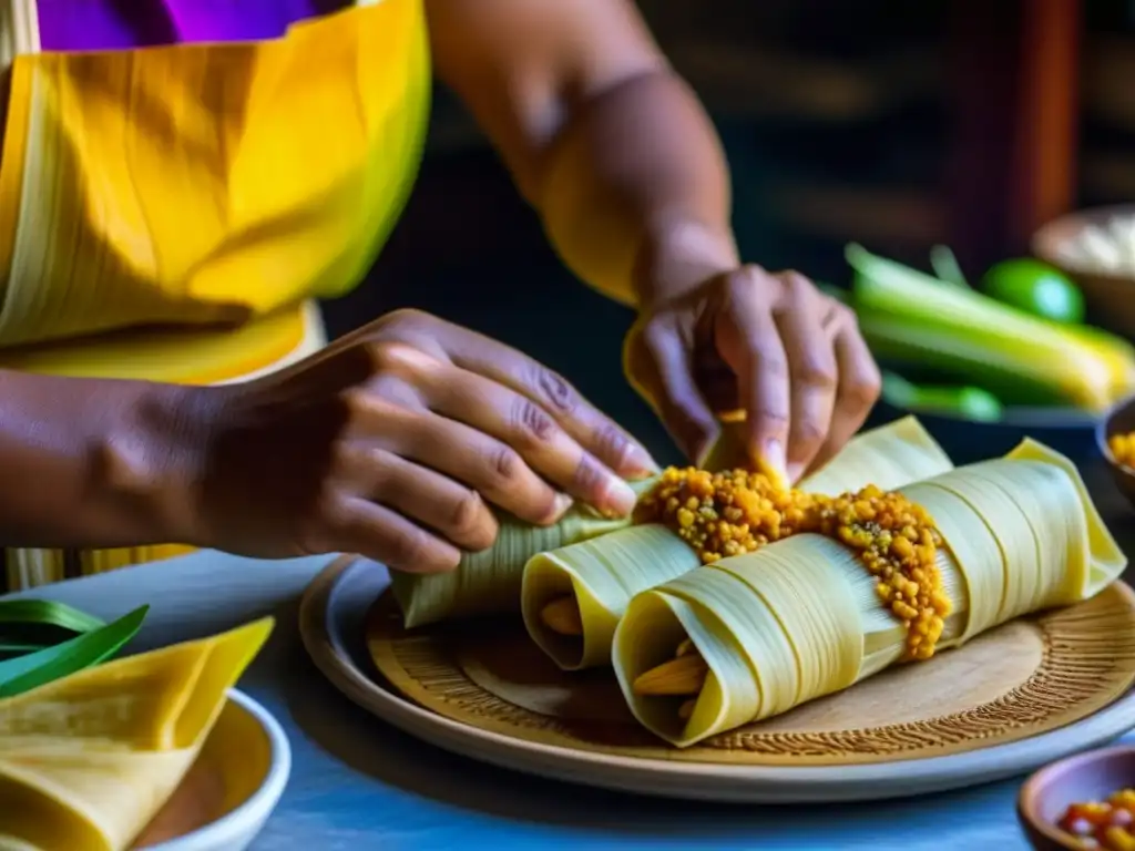 Detalle emocionante: manos de mujer maya preparando tamales, resaltando el origen e historia de tamales