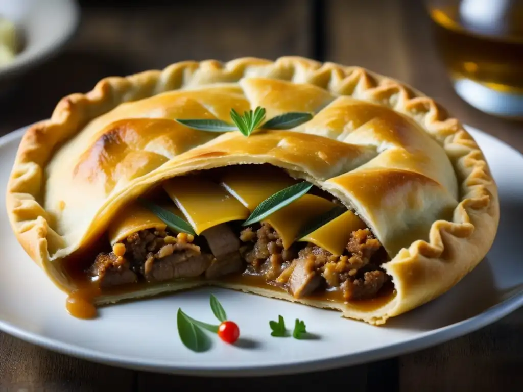 Detalle de una empanada de cordero recién horneada, resaltando su crujiente textura dorada