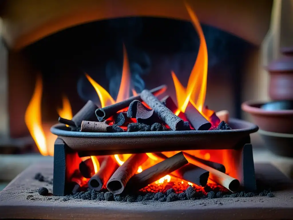 Detalle encantador de cocina con carbón en historia: carbón ardiendo en estufa de barro, herramientas culinarias y especias coloridas