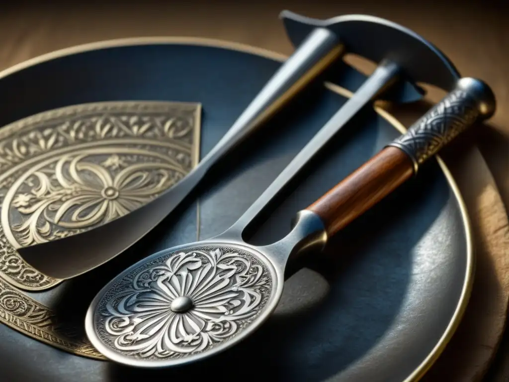 Detalle envejecido de utensilio de cocina medieval con grabados, iluminación y sombras