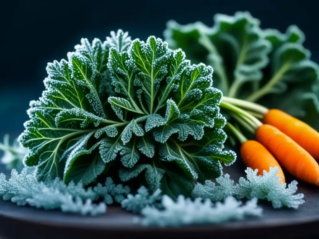 Detalle de escarcha en verduras y hierbas en cocina nórdica