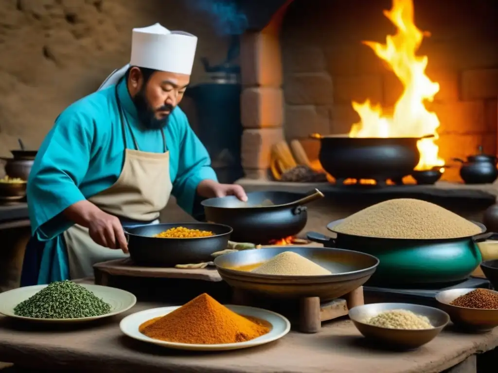 Detalle de una escena de cocina histórica Mongol-India con chefs preparando platos tradicionales