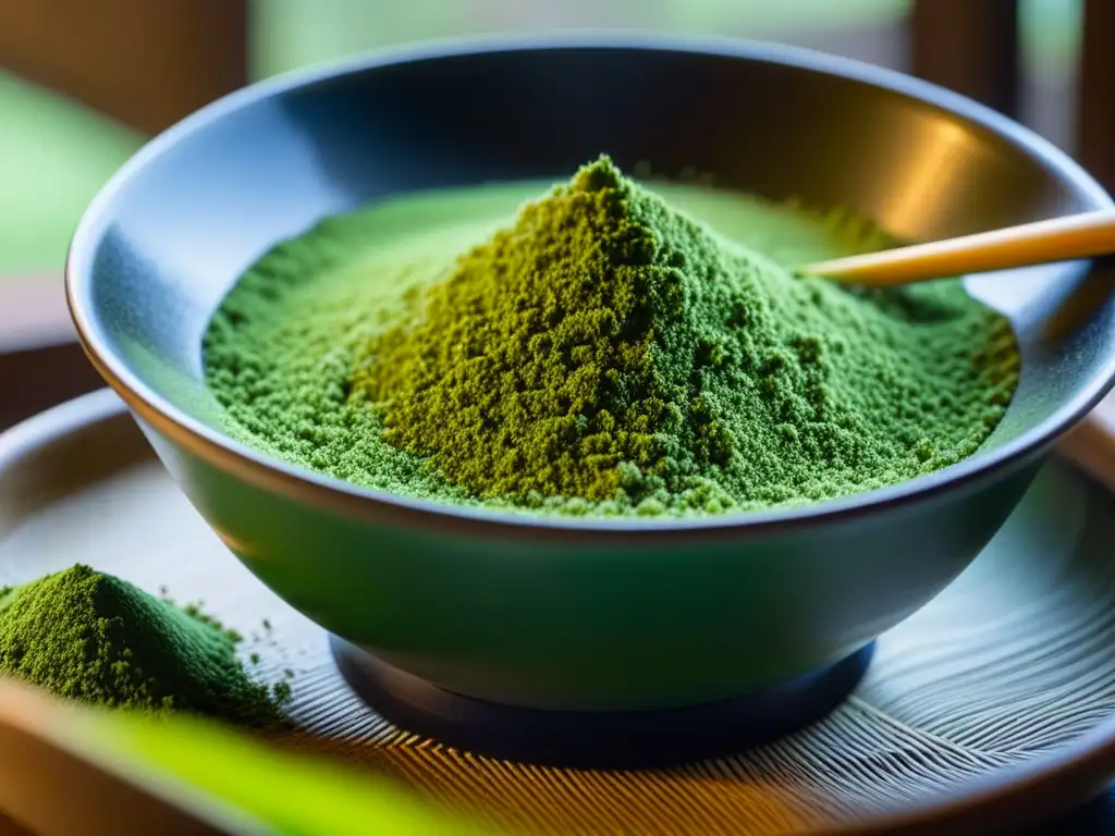 Detalle esencial del matcha verde cayendo en un cuenco cerámico, iluminado por la luz natural