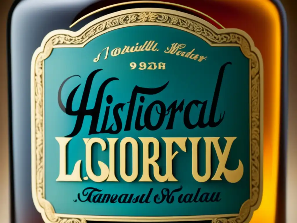 Detalle de etiqueta en botella de licor histórico, reflejando identidad cultural con caligrafía detallada y colores evocadores