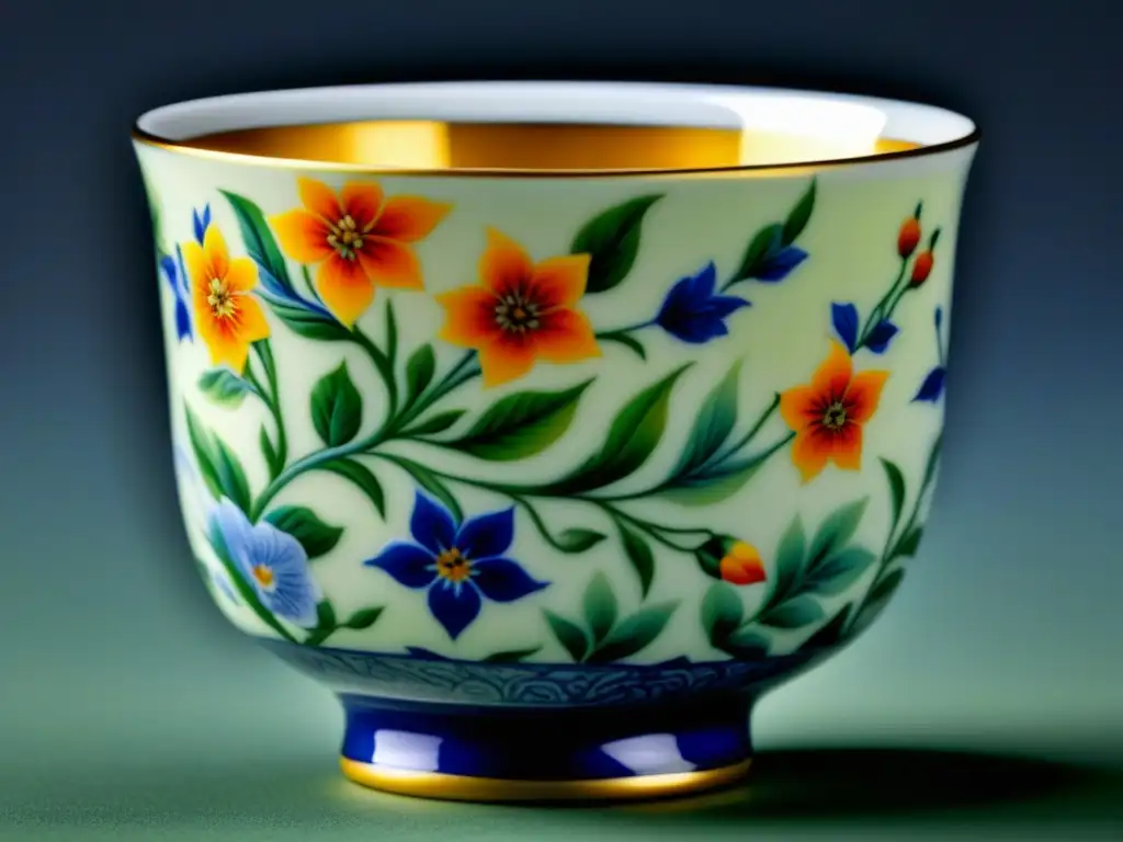 Detalle excepcional de una antigua taza de porcelana, con patrones florales pintados a mano