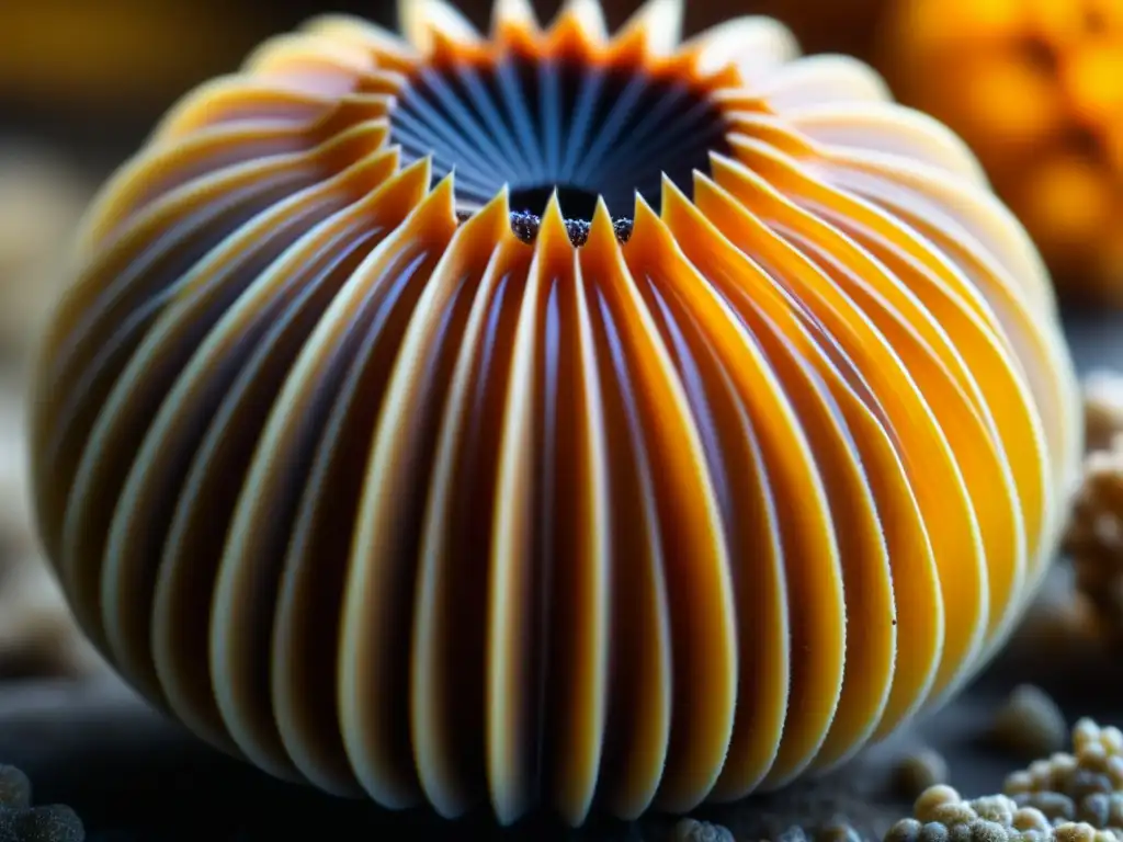 Detalle excepcional de un erizo de mar recién cosechado, con su exterior espinoso y su carne anaranjada brillando bajo la luz natural