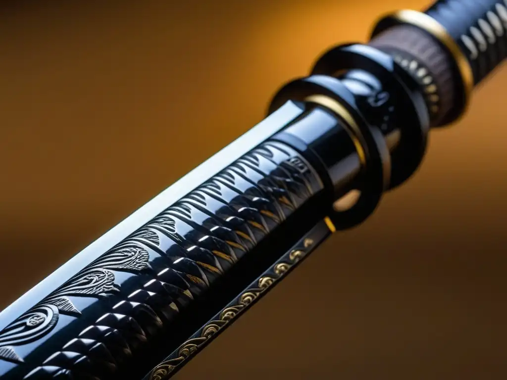 Detalle excepcional de una katana japonesa con grabados intrincados y mango elaborado