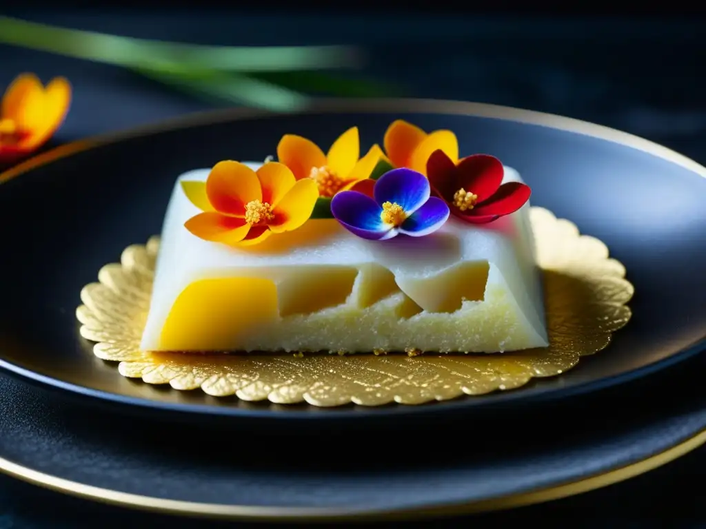 Detalle excepcional de mochi modernizado con flores y pan de oro sobre plato negro, reinvención del mochi tradicional