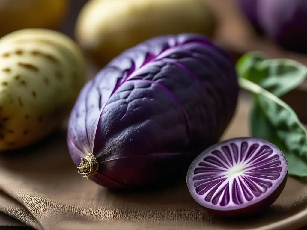 Detalle excepcional de una papa peruana morada con brotes delicados, resaltando su belleza única