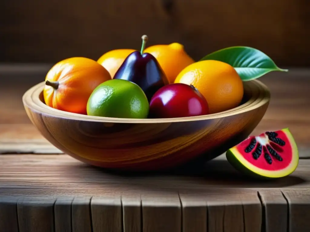 Detalle exótico de una fruta africana en una superficie de madera, resaltando sus colores vibrantes y texturas únicas