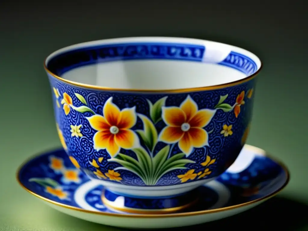 Detalle experto de una taza de porcelana antigua con patrones florales pintados a mano