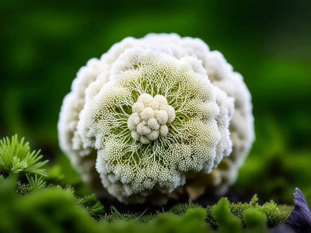 Detalle de exquisita trufa blanca sobre musgo verde, resaltando su textura única