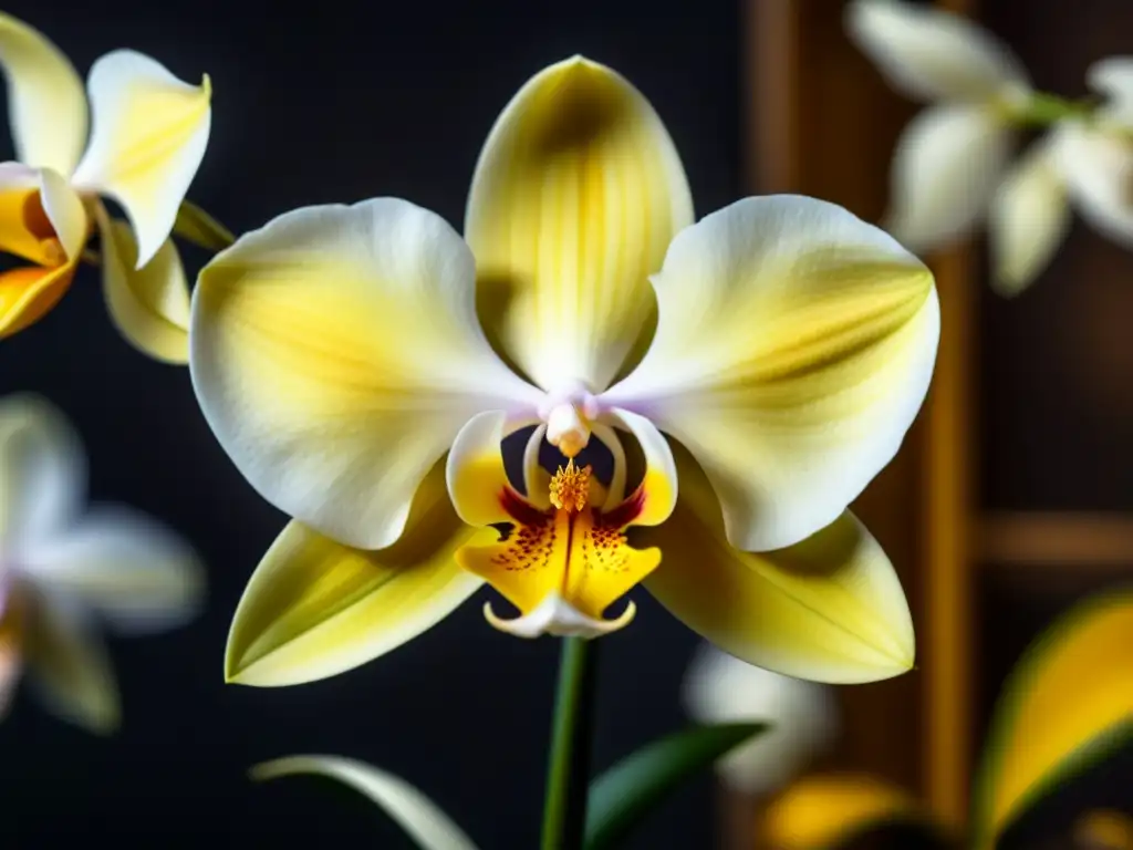 Detalle de una exquisita orquídea de vainilla en plena floración, resaltando su belleza única