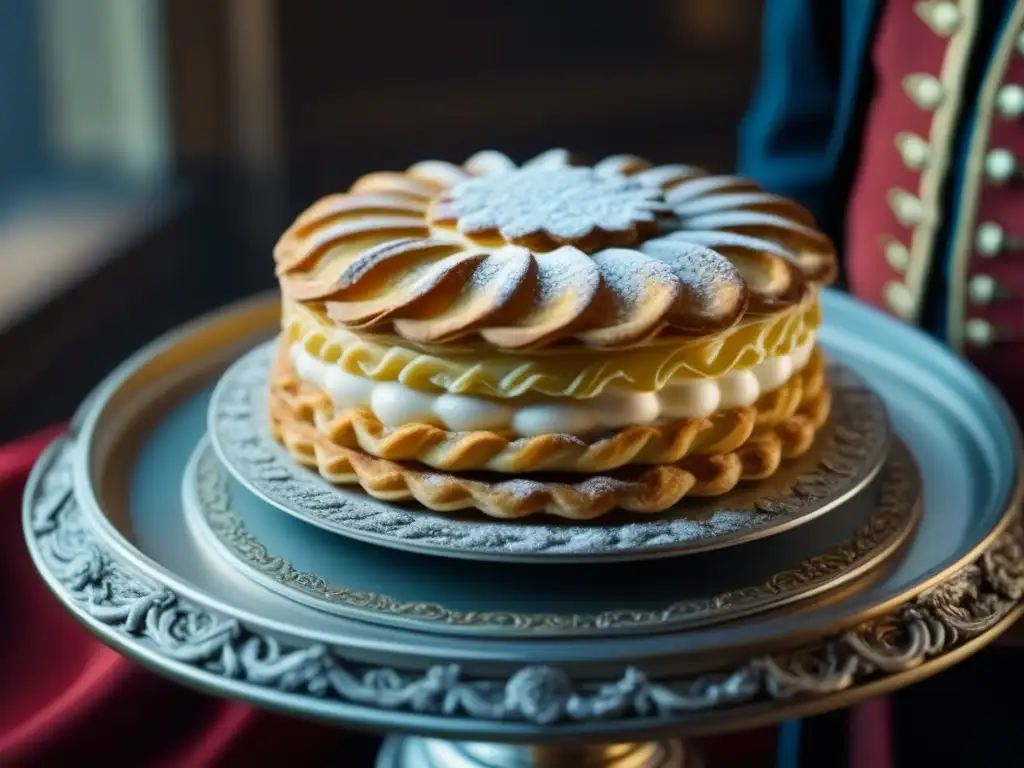 Detalle de una exquisita repostería francesa del Siglo XVII con capas de hojaldre, crema y detalles de hoja de oro en plato plateado vintage