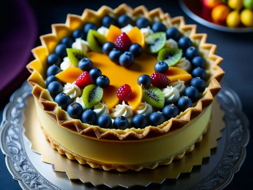 Detalle de una exquisita tarta barroca europea, con capas de masa y decoraciones ornamentadas con frutas vibrantes