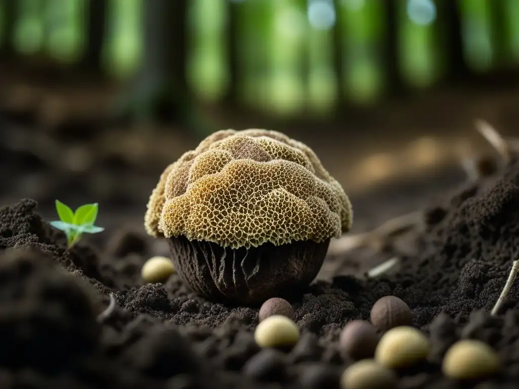 Detalle de una exquisita trufa emergiendo de la tierra en un bosque, resaltando su conexión con la naturaleza y los beneficios de trufas