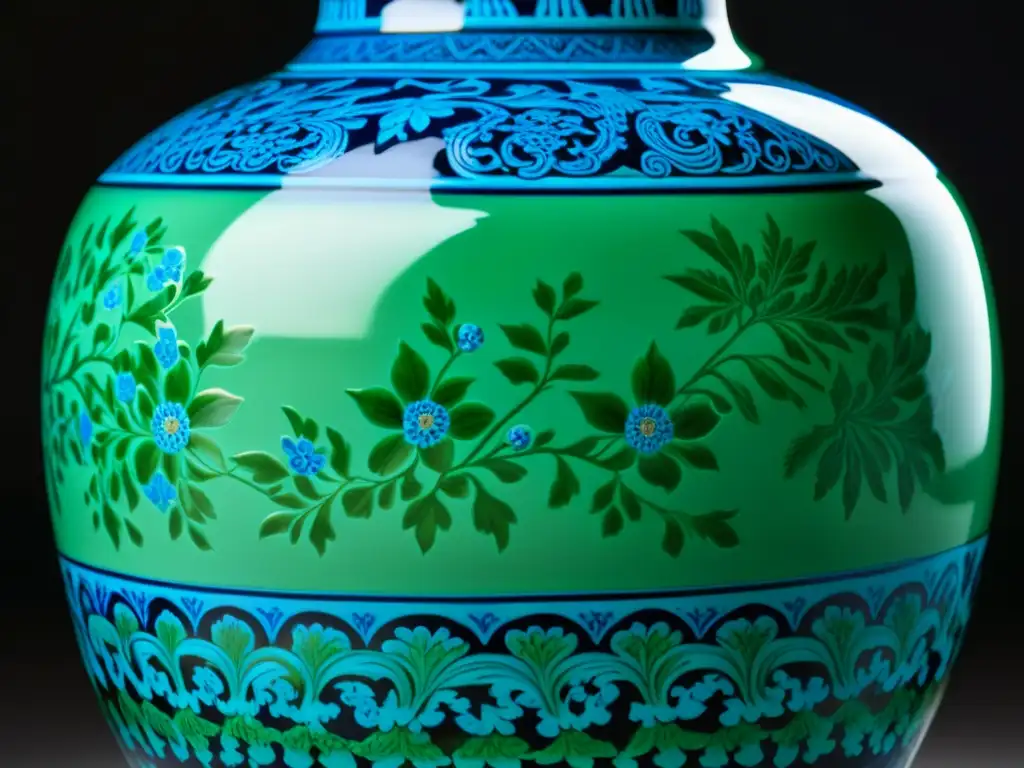 Detalle de una exquisita vasija de porcelana de la dinastía Ming, con patrones florales pintados a mano en azules y verdes vibrantes