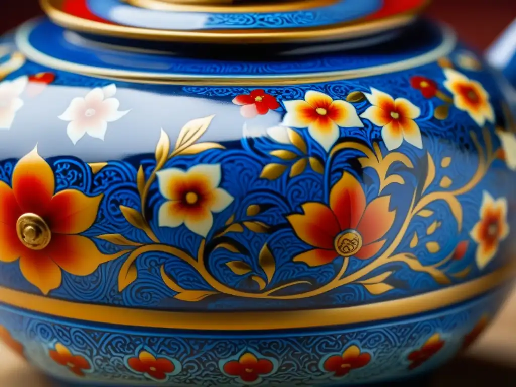 Detalle exquisito de una antigua tetera china de la dinastía Ming, con motivos florales en rojos, azules y dorados