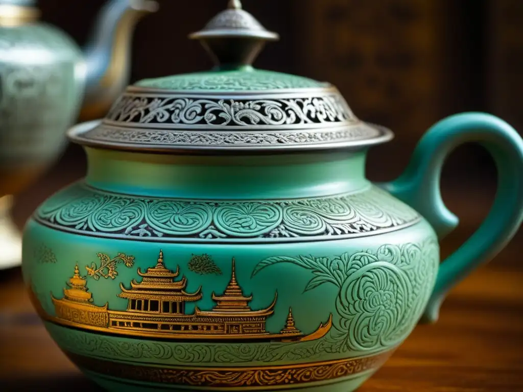 Detalle exquisito de una antigua tetera birmana, reflejo de la historia del té en Birmania y su hospitalidad