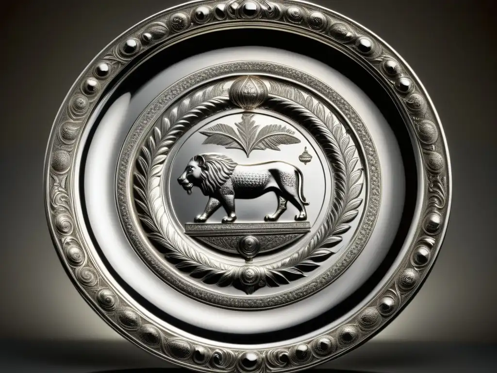 Detalle exquisito de una bandeja de plata romana con grabados de animales exóticos, reflejos de la luz de las velas