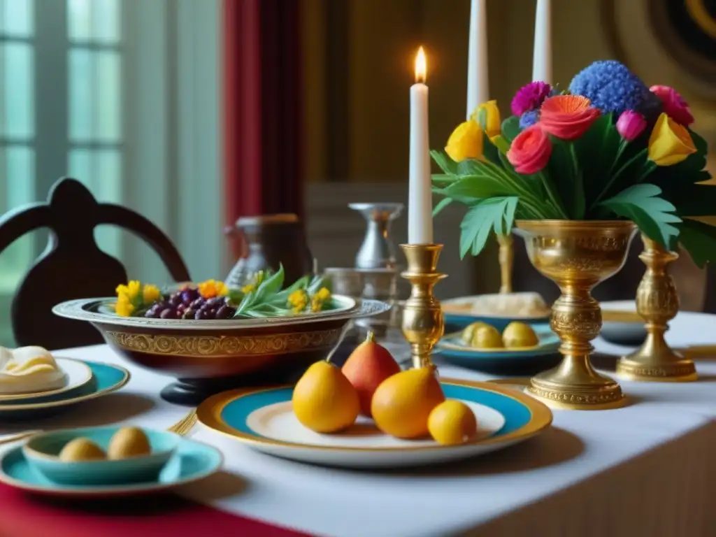 Detalle exquisito de un banquete colonial americano, fusionando influencias culinarias indígenas y europeas