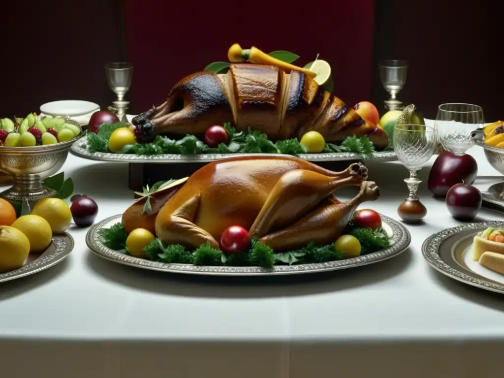 Detalle exquisito de un banquete colonial americano, simbolismo y riqueza en la mesa