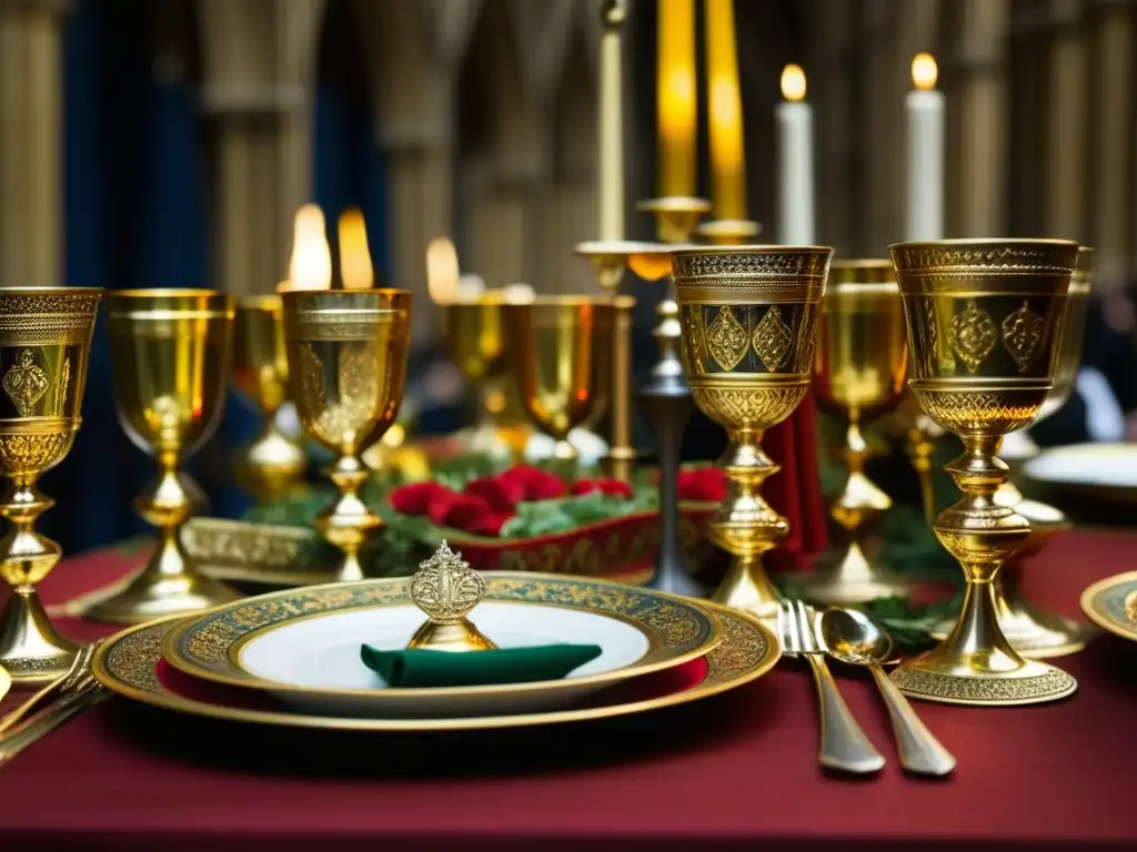 Detalle exquisito de un banquete medieval en la Abadía Westminster, con luces que realzan opulencia y grandiosidad