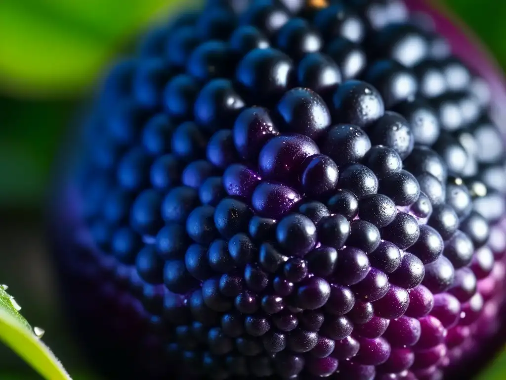 Detalle exquisito de una baya de açaí púrpura, fresca y jugosa de la Amazonía, resaltando los ingredientes exóticos Amazonía cocina moderna